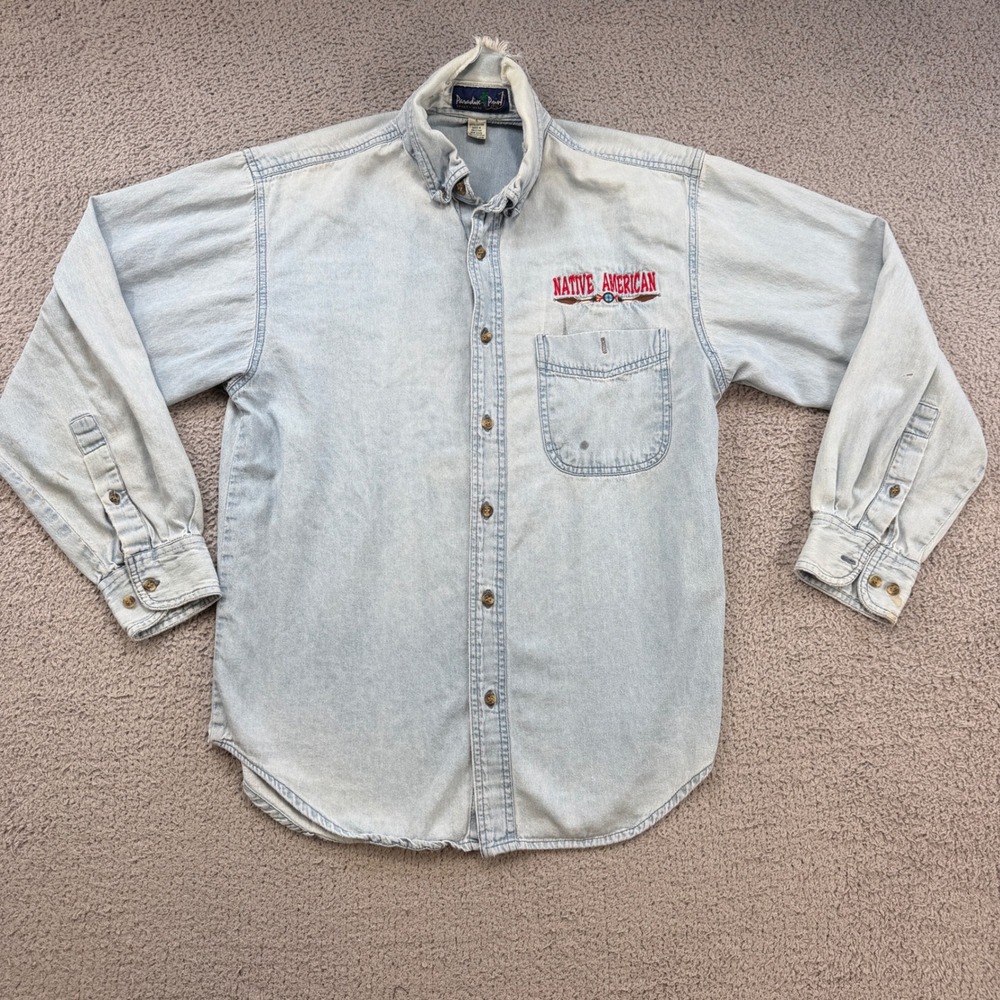 Vintage Paradise Point Men Light Wash Denim Native American Embroidered Shirt S